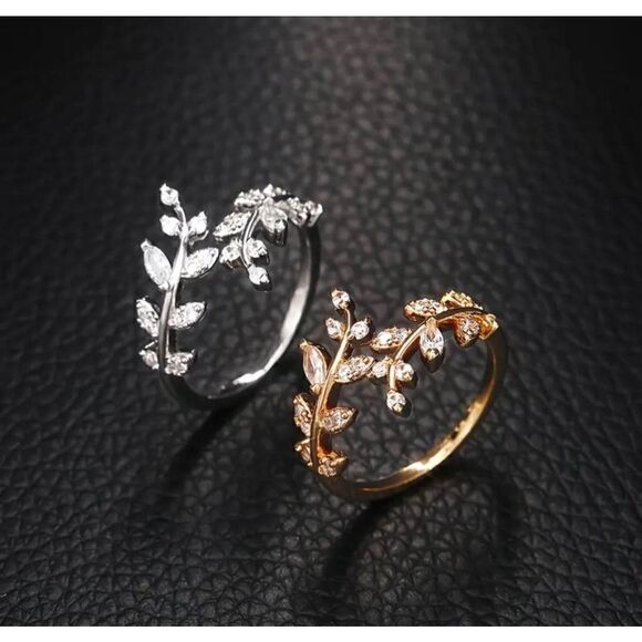 Elegant Finger Ring Leaf Shape With Zircon Adjustable Open Cuff Ring - Picture 9 of 10